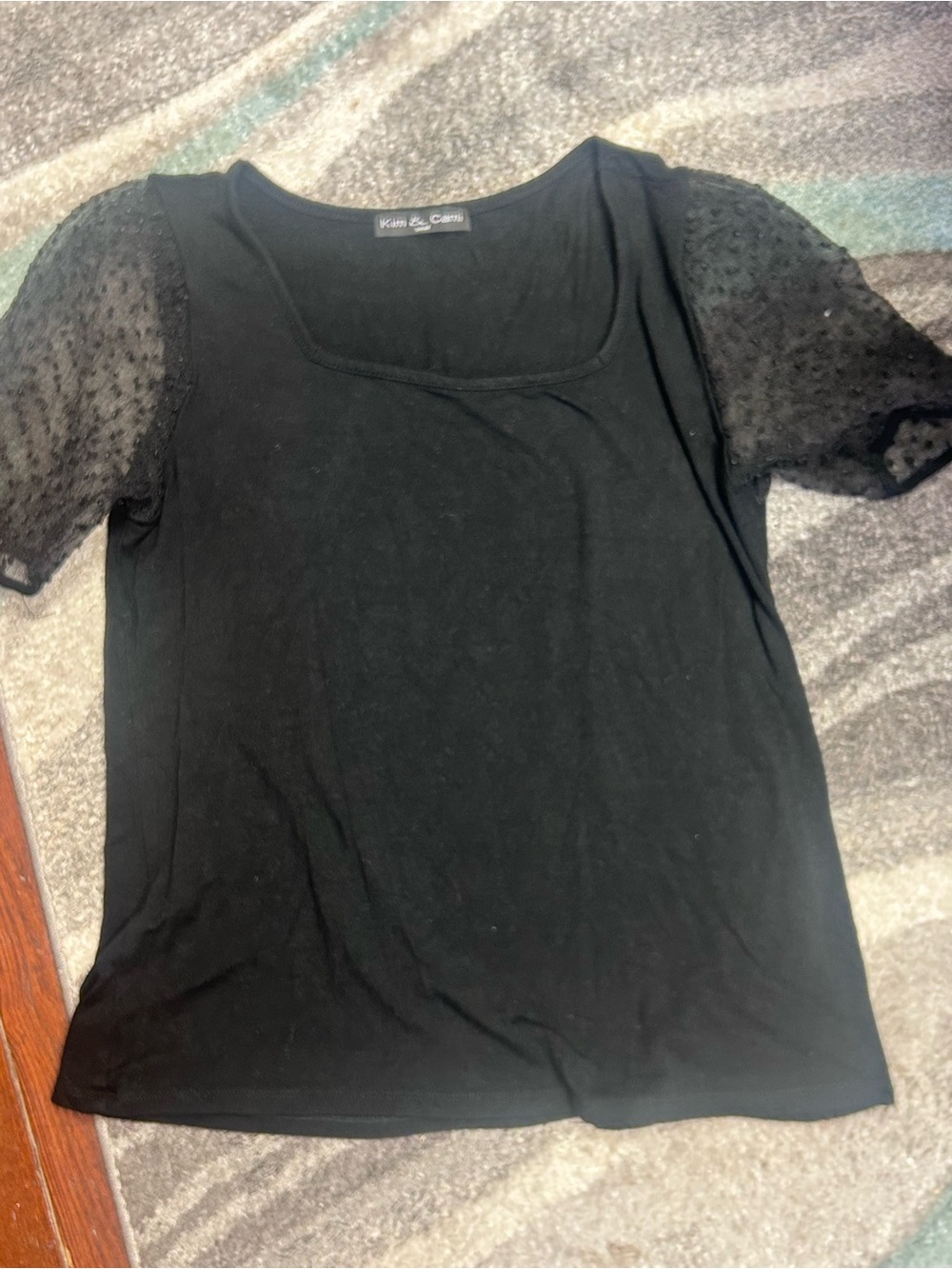 Kim & Cami Black Scoop Neck Top with Sheer Dotted Short Sleeves